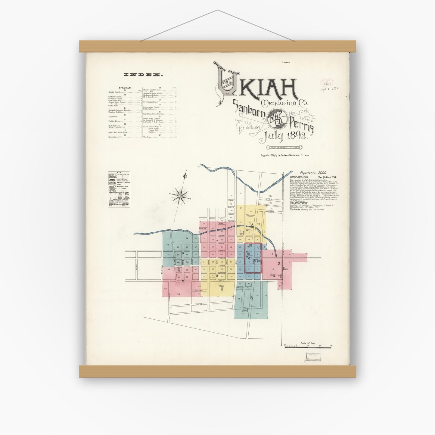Old map wall art mockup — magnetic wood frame on white wall — Sanborn Fire Insurance Map from Ukiah, Mendocino County, California (1893) - Complete Map Set