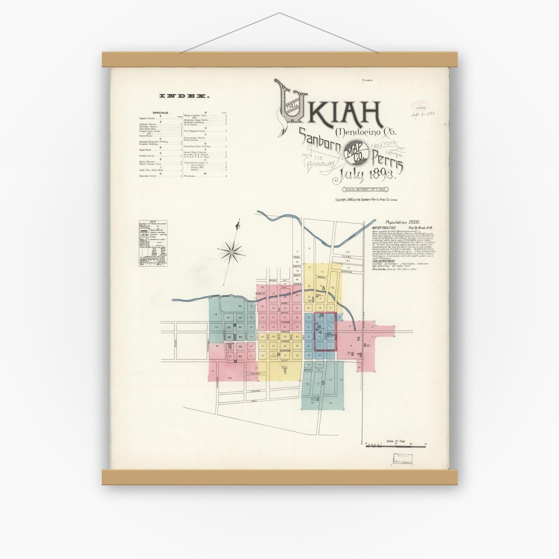 Old map wall art mockup — magnetic wood frame on white wall — Sanborn Fire Insurance Map from Ukiah, Mendocino County, California (1893) - Complete Map Set
