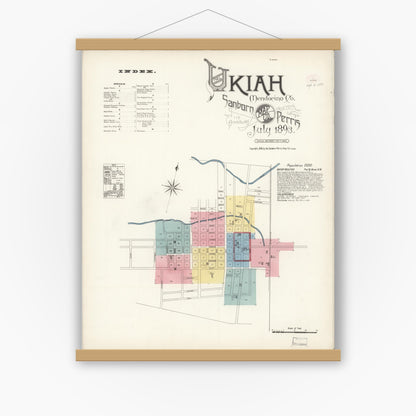 Old map wall art mockup — magnetic wood frame on white wall — Sanborn Fire Insurance Map from Ukiah, Mendocino County, California (1893) - Complete Map Set