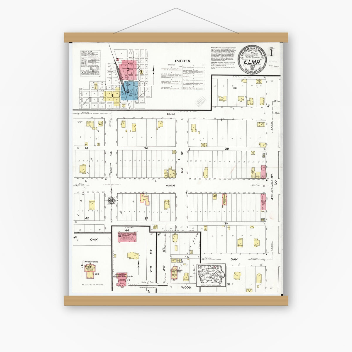 Old map wall art mockup — magnetic wood frame on white wall — Sanborn Fire Insurance Map from Elma, Howard County, Iowa (1920) â€” Complete Set
