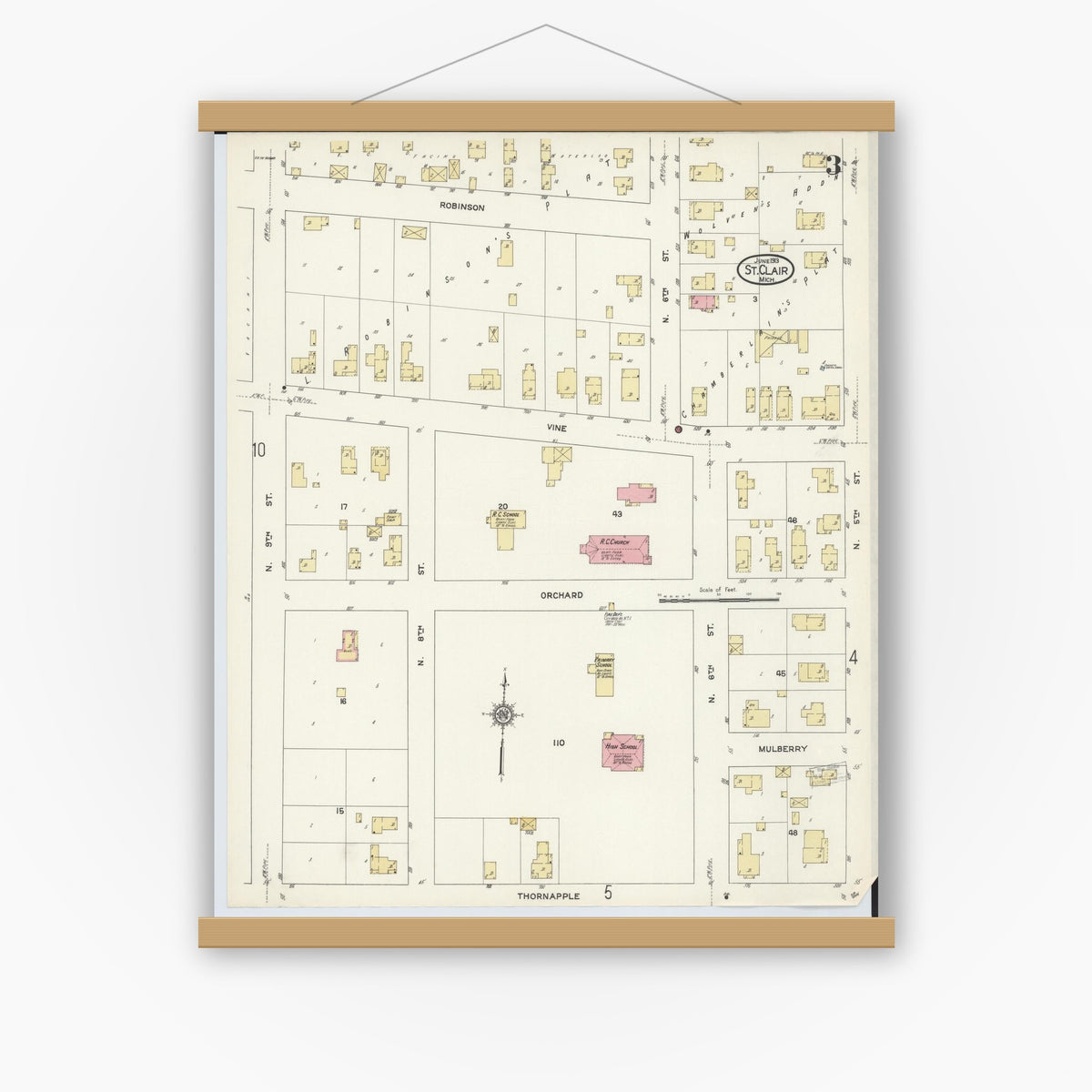 Old map wall art mockup — magnetic wood frame on white wall — Sanborn Fire Insurance Map from Saint Clair, Saint Clair County, Michigan (1913), Sheet #0003