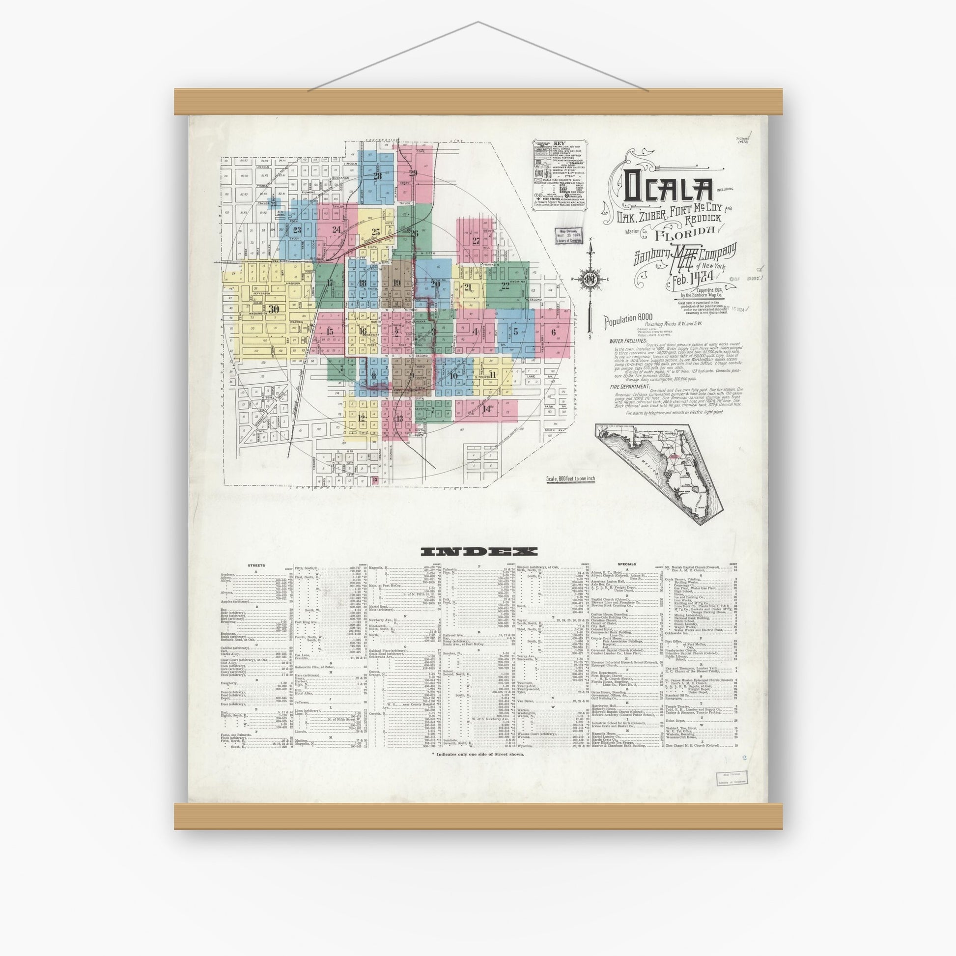Old map wall art mockup — magnetic wood frame on white wall — Sanborn Fire Insurance Map from Ocala, Marion County, Florida (1924), Sheet #0001