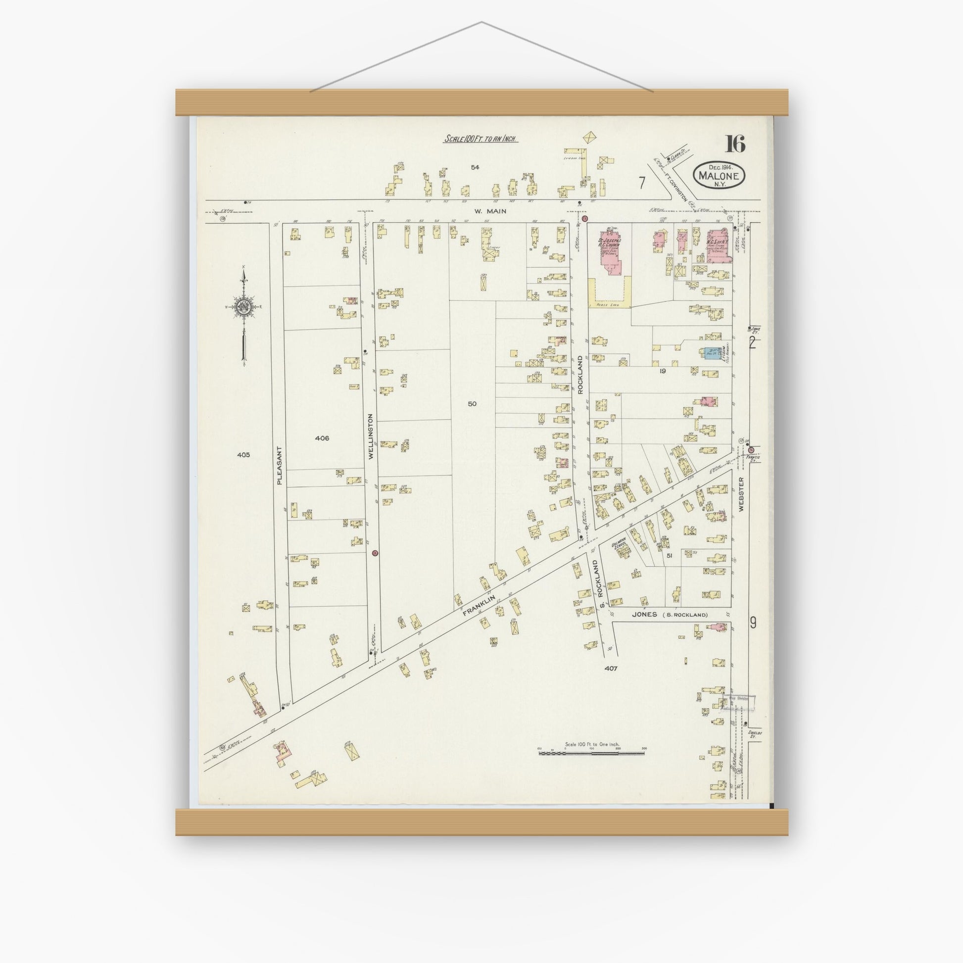 Old map wall art mockup — magnetic wood frame on white wall — Sanborn Fire Insurance Map from Malone, Franklin County, New York (1914), Sheet #0016