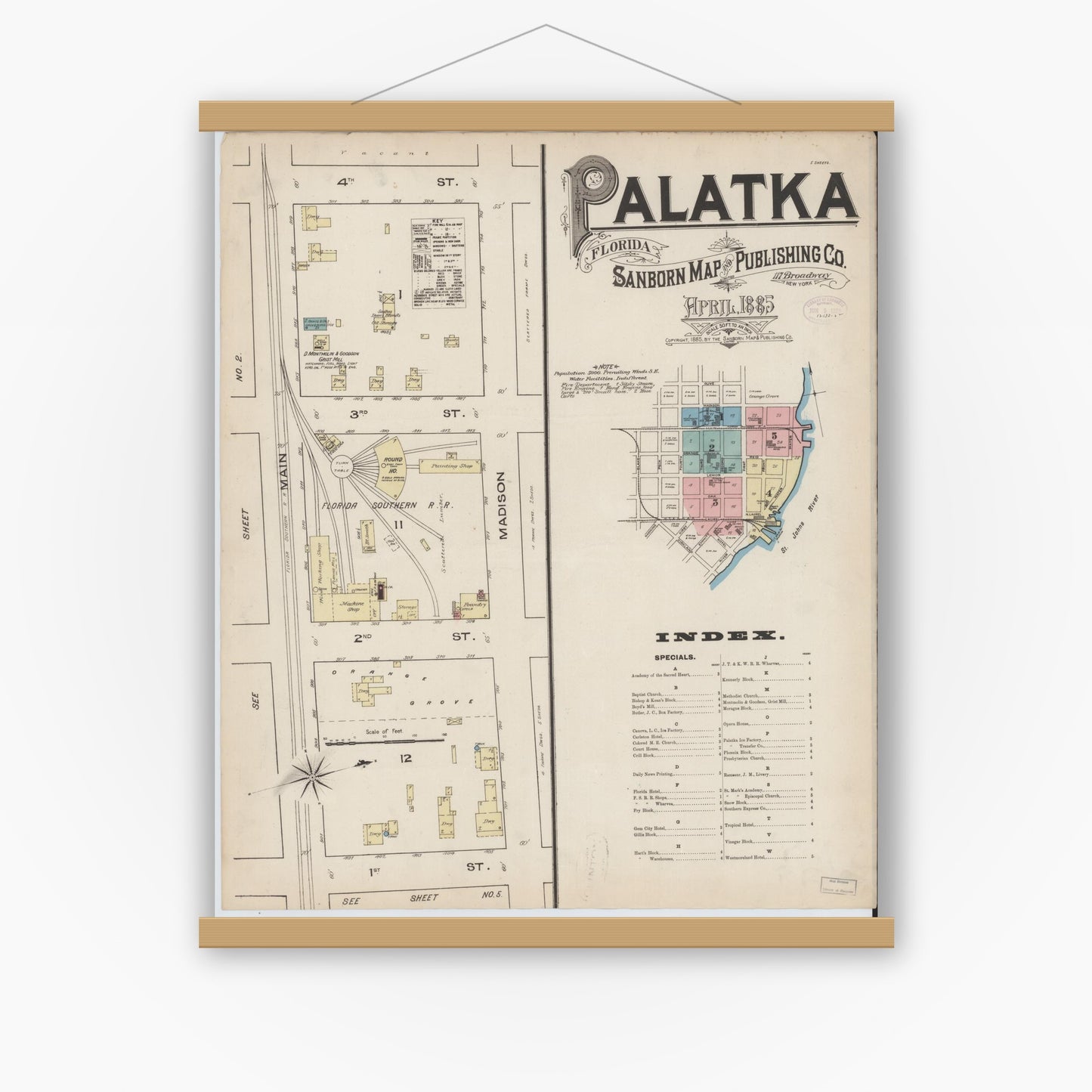 Old map wall art mockup — magnetic wood frame on white wall — Sanborn Fire Insurance Map from Palatka, Putnam County, Florida (1885), Sheet #0001