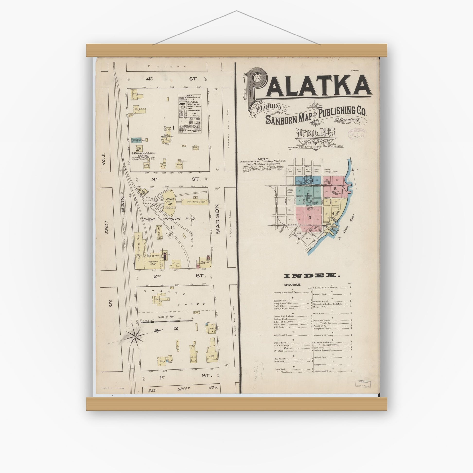 Old map wall art mockup — magnetic wood frame on white wall — Sanborn Fire Insurance Map from Palatka, Putnam County, Florida (1885), Sheet #0001