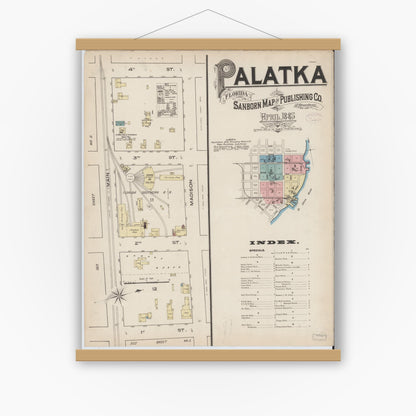 Old map wall art mockup — magnetic wood frame on white wall — Sanborn Fire Insurance Map from Palatka, Putnam County, Florida (1885), Sheet #0001