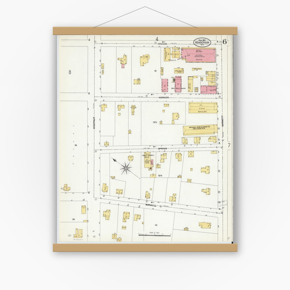 Old map wall art mockup — magnetic wood frame on white wall — Sanborn Fire Insurance Map from Henderson, Vance County, North Carolina (1907), Sheet #0006