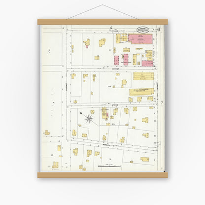 Old map wall art mockup — magnetic wood frame on white wall — Sanborn Fire Insurance Map from Henderson, Vance County, North Carolina (1907), Sheet #0006