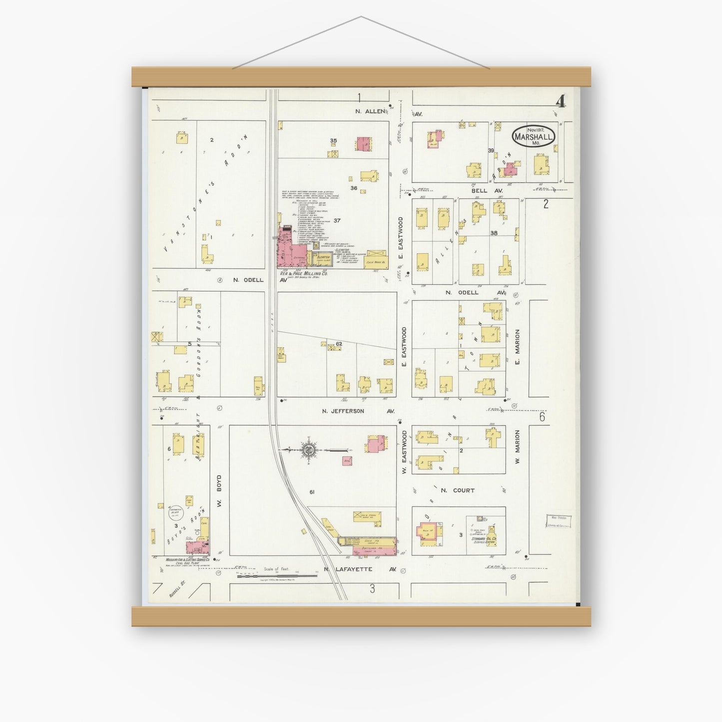 Old map wall art mockup — magnetic wood frame on white wall — Sanborn Fire Insurance Map from Marshall, Saline County, Missouri (1917), Sheet #0004
