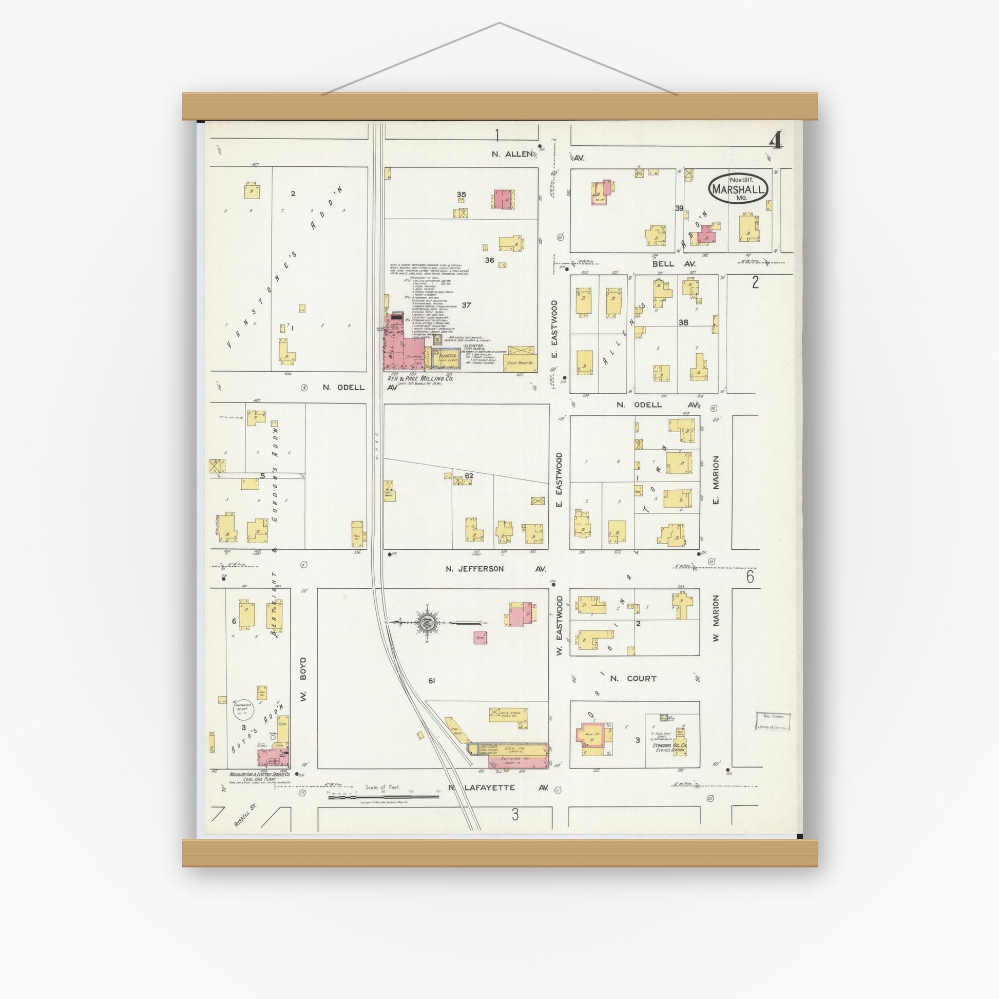 Old map wall art mockup — magnetic wood frame on white wall — Sanborn Fire Insurance Map from Marshall, Saline County, Missouri (1917), Sheet #0004