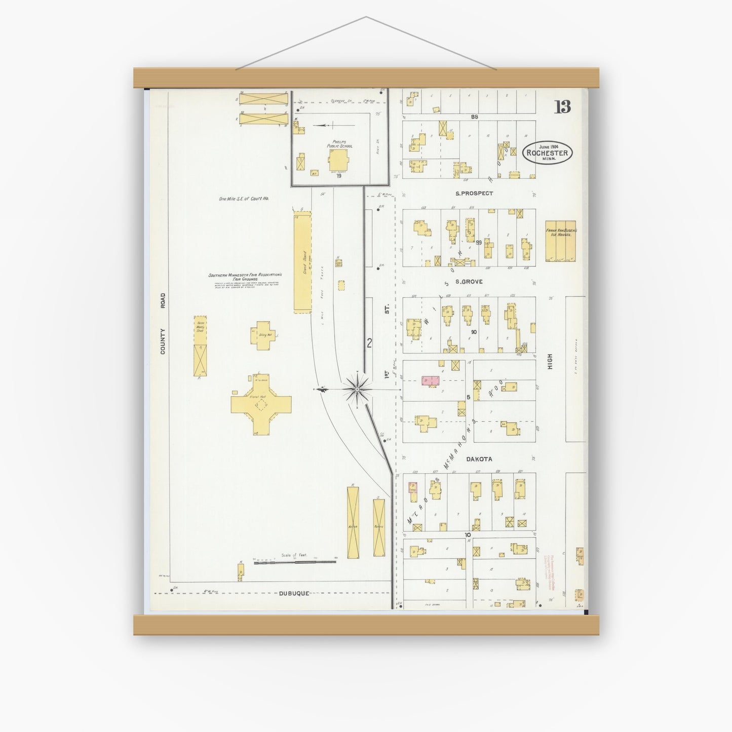 Old map wall art mockup — magnetic wood frame on white wall — Sanborn Fire Insurance Map from Rochester, Olmsted County, Minnesota (1904), Sheet #0013