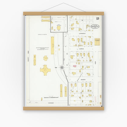 Old map wall art mockup — magnetic wood frame on white wall — Sanborn Fire Insurance Map from Rochester, Olmsted County, Minnesota (1904), Sheet #0013