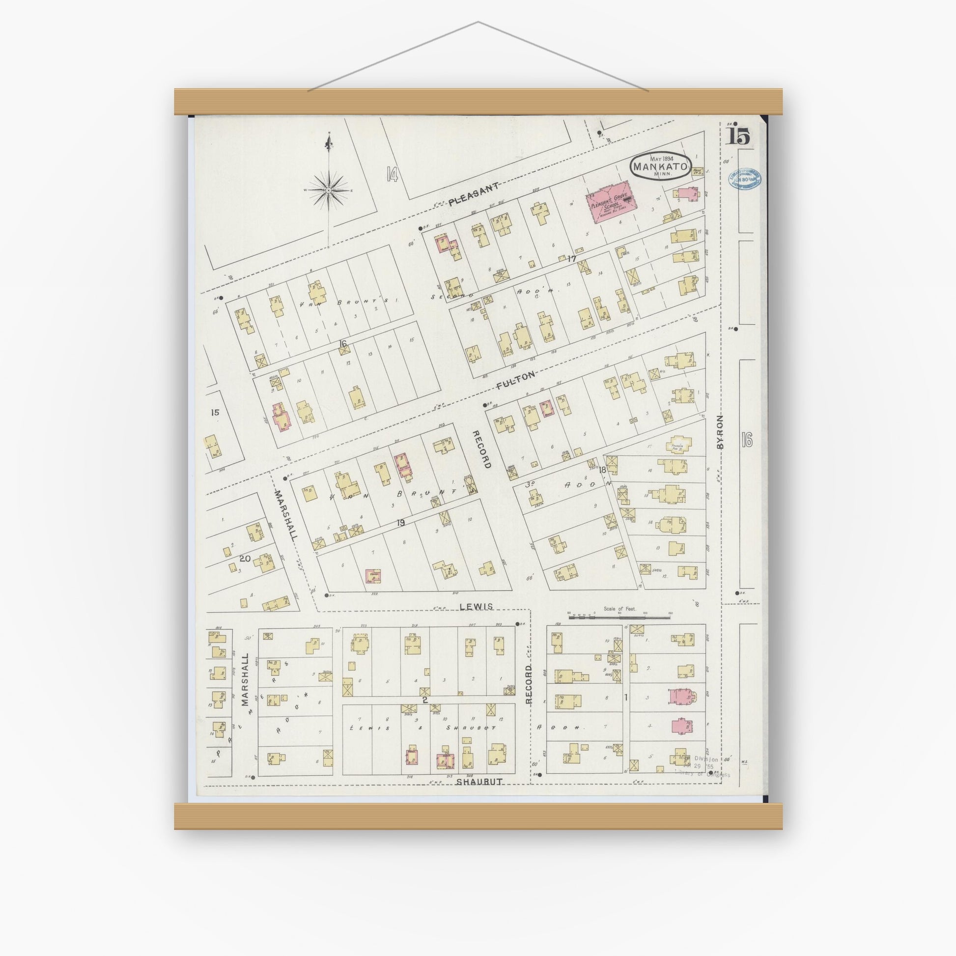 Old map wall art mockup — magnetic wood frame on white wall — Sanborn Fire Insurance Map from Mankato, Blue Earth County, Minnesota (1894), Sheet #0015