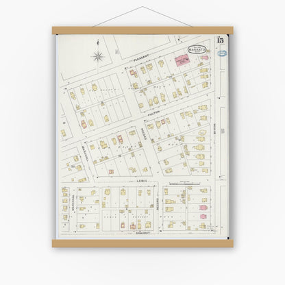 Old map wall art mockup — magnetic wood frame on white wall — Sanborn Fire Insurance Map from Mankato, Blue Earth County, Minnesota (1894), Sheet #0015