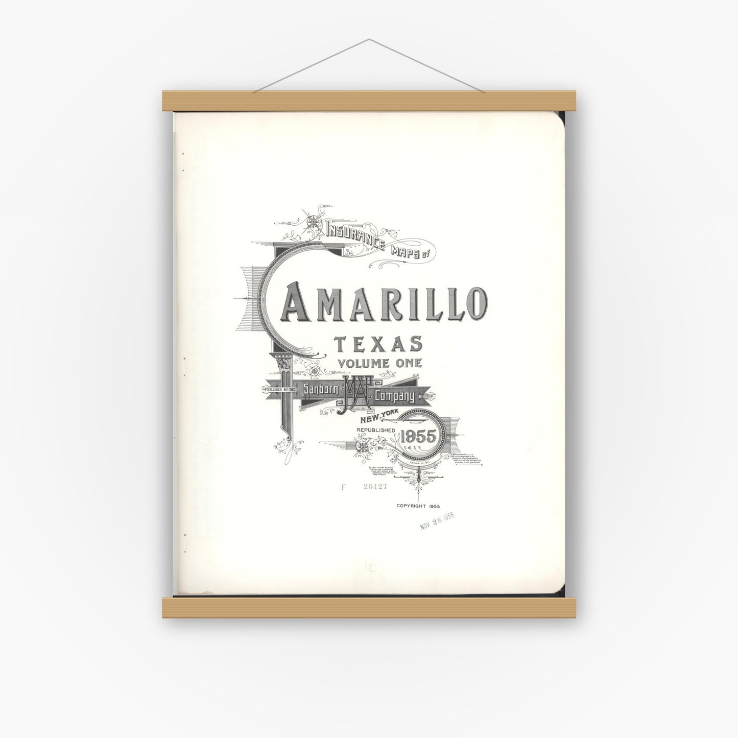 Old map wall art mockup — magnetic wood frame on white wall — Sanborn Fire Insurance Map from Amarillo, Potter County, Texas (1955), Sheet #0001