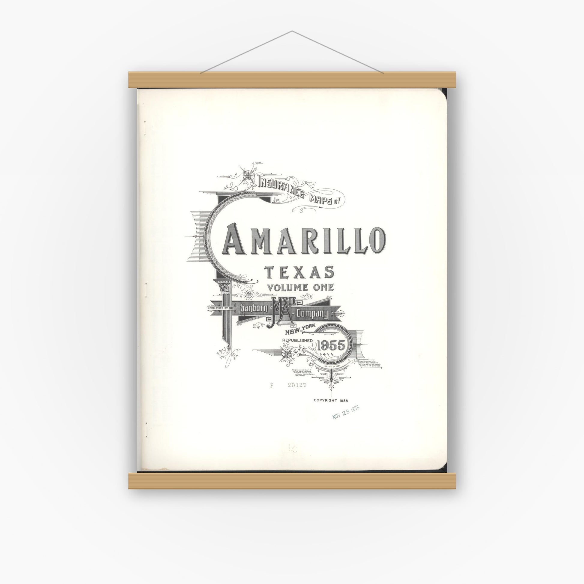 Old map wall art mockup — magnetic wood frame on white wall — Sanborn Fire Insurance Map from Amarillo, Potter County, Texas (1955), Sheet #0001