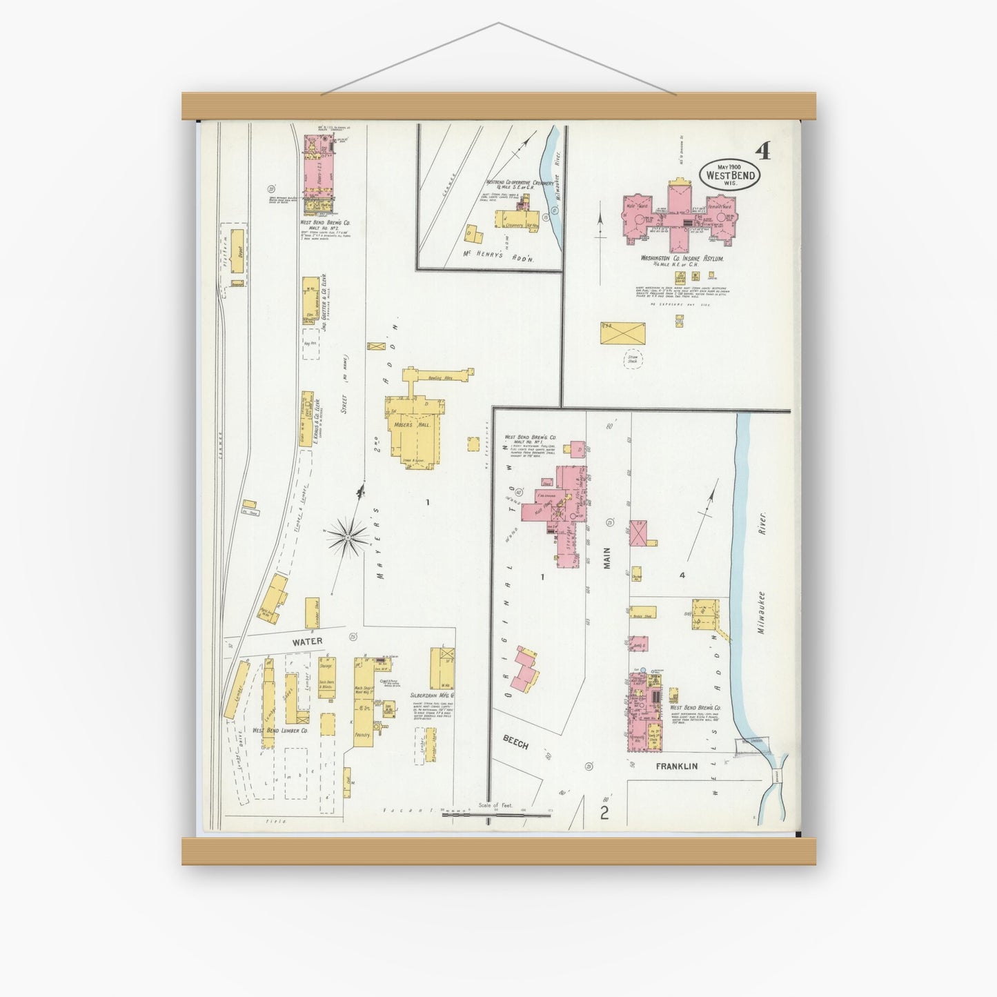 Old map wall art mockup — magnetic wood frame on white wall — Sanborn Fire Insurance Map from West Bend, Washington County, Wisconsin (1900), Sheet #0004