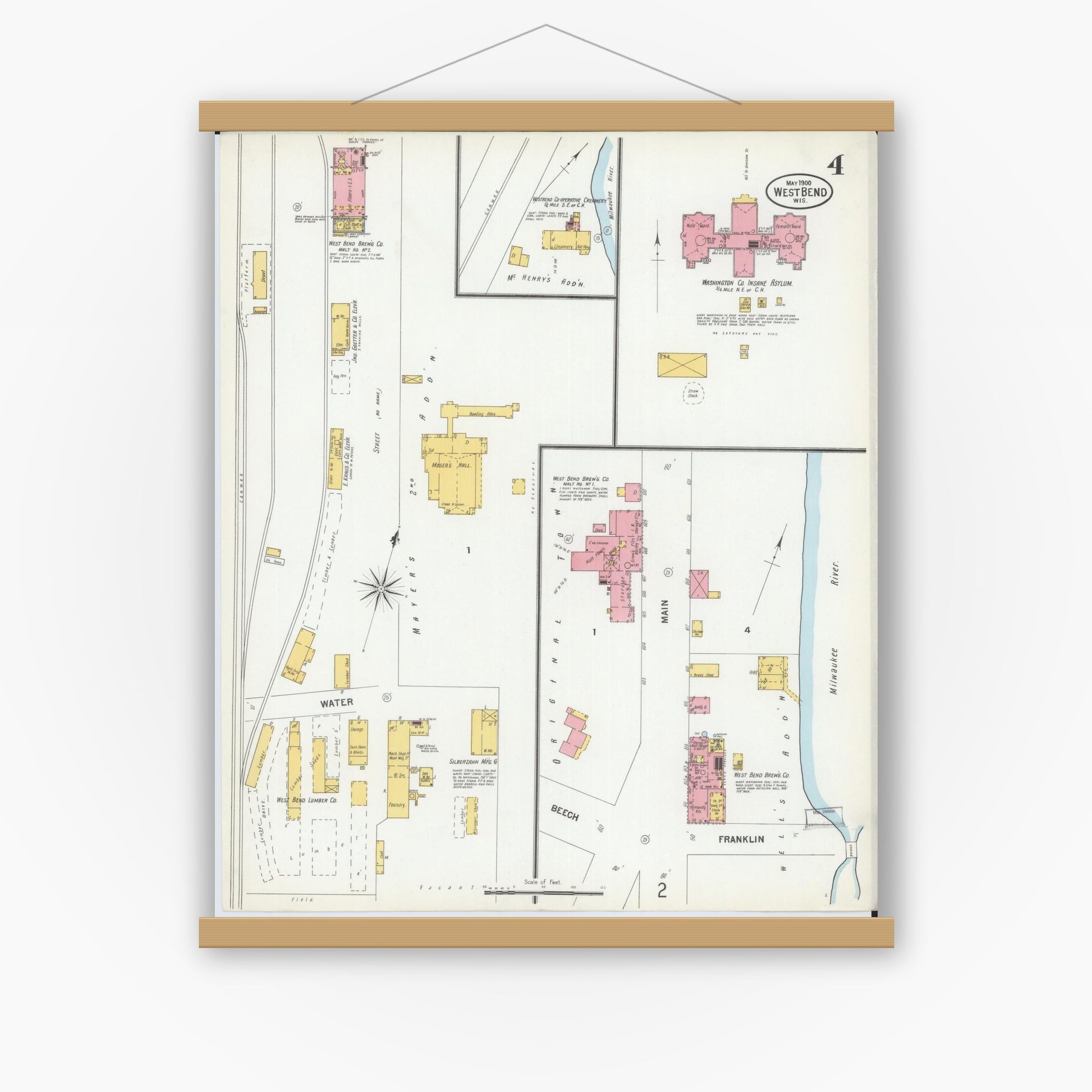 Old map wall art mockup — magnetic wood frame on white wall — Sanborn Fire Insurance Map from West Bend, Washington County, Wisconsin (1900), Sheet #0004
