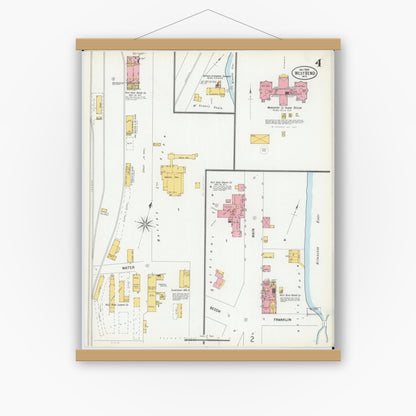 Old map wall art mockup — magnetic wood frame on white wall — Sanborn Fire Insurance Map from West Bend, Washington County, Wisconsin (1900), Sheet #0004