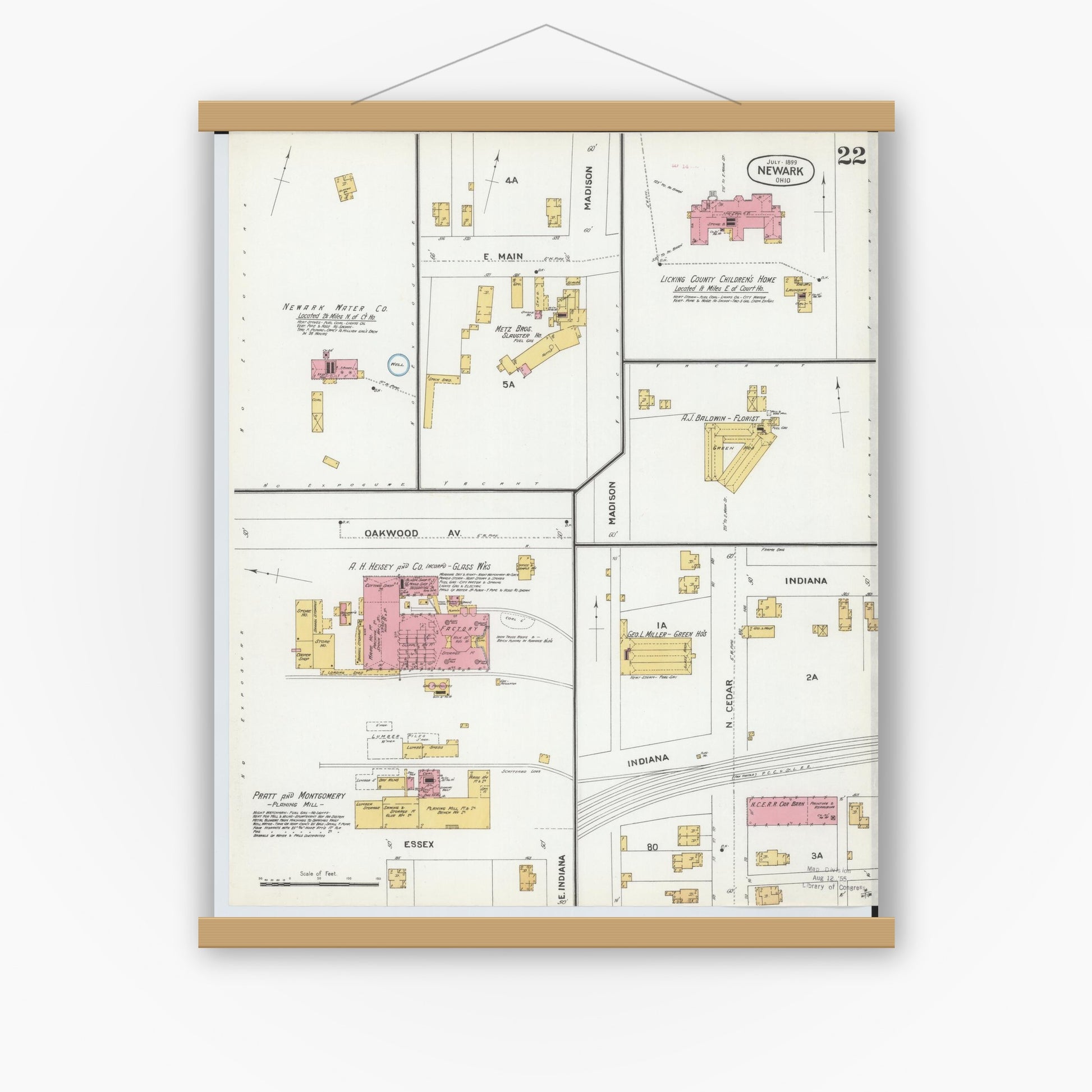 Old map wall art mockup — magnetic wood frame on white wall — Sanborn Fire Insurance Map from Newark, Licking County, Ohio (1899), Sheet #0022
