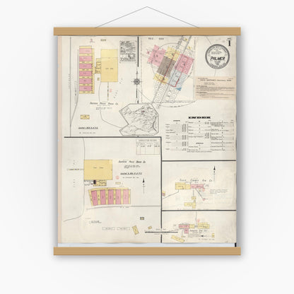 Old map wall art mockup — magnetic wood frame on white wall — Sanborn Fire Insurance Map from Palmer, Ellis County, Texas (1936), Sheet #0001
