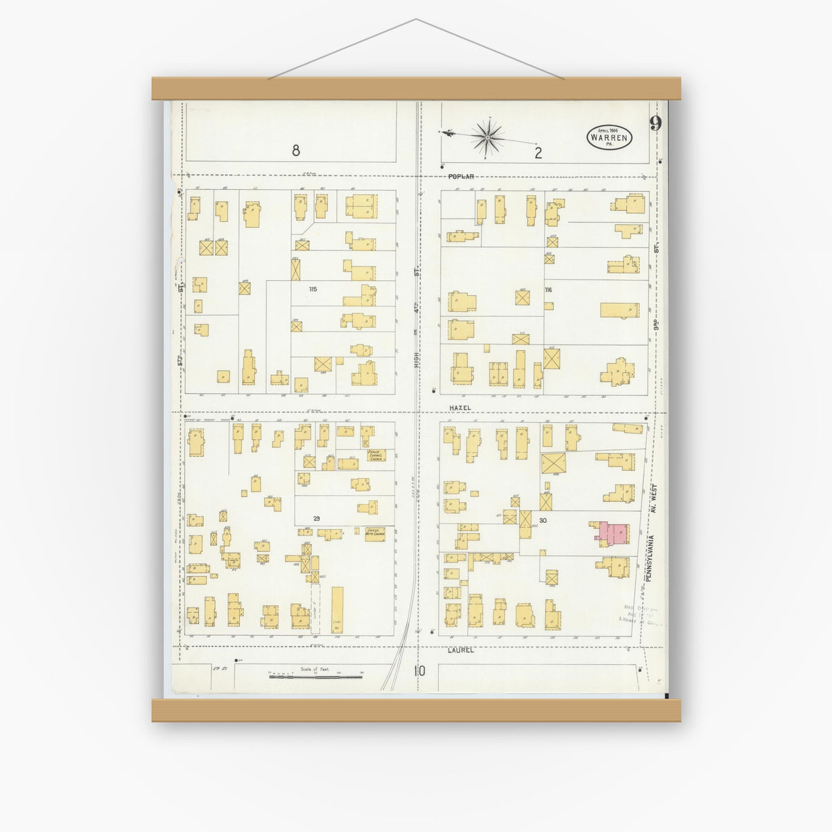 Old map wall art mockup — magnetic wood frame on white wall — Sanborn Fire Insurance Map from Warren, Warren County, Pennsylvania (1904), Sheet #0009