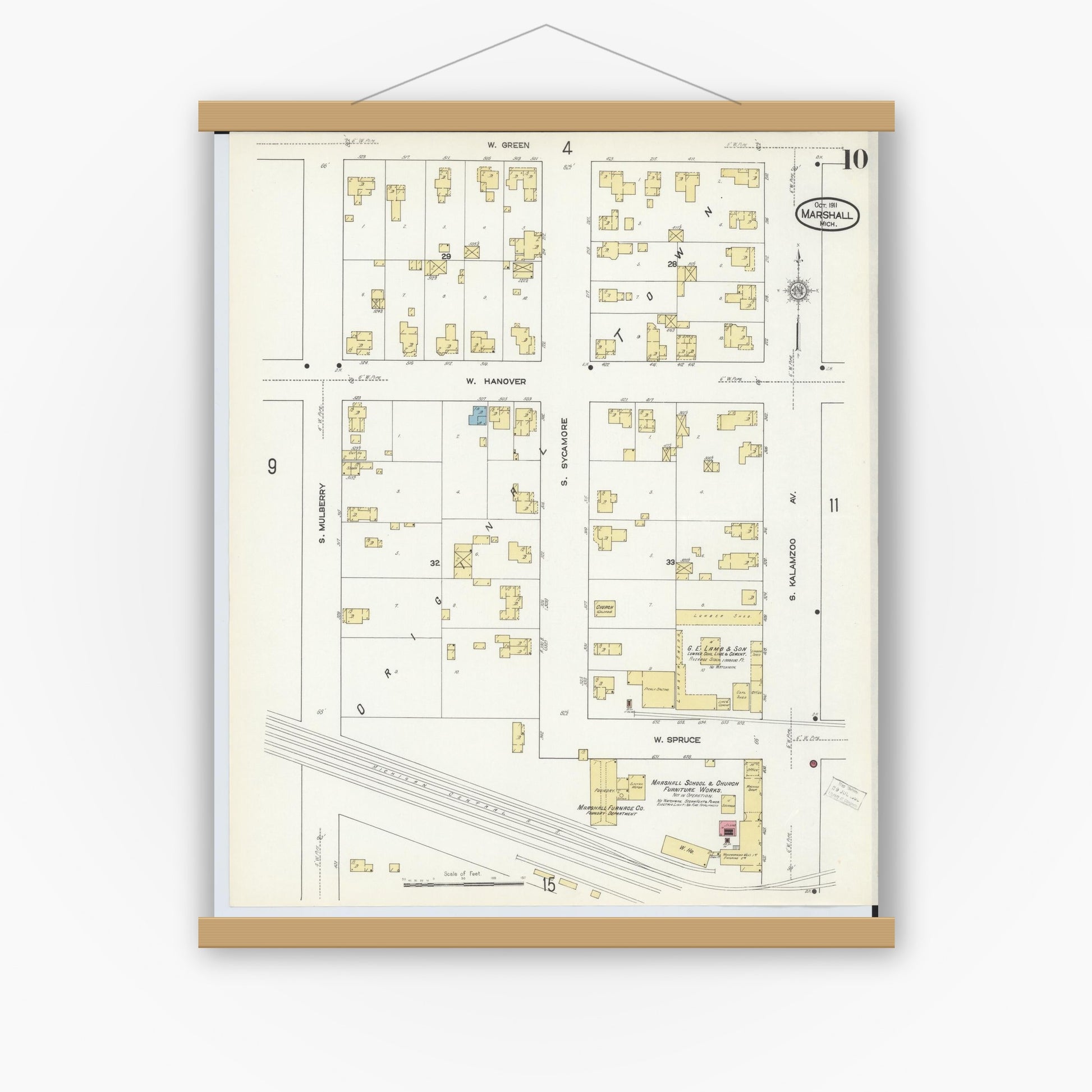 Old map wall art mockup — magnetic wood frame on white wall — Sanborn Fire Insurance Map from Marshall, Calhoun County, Michigan (1911), Sheet #0010
