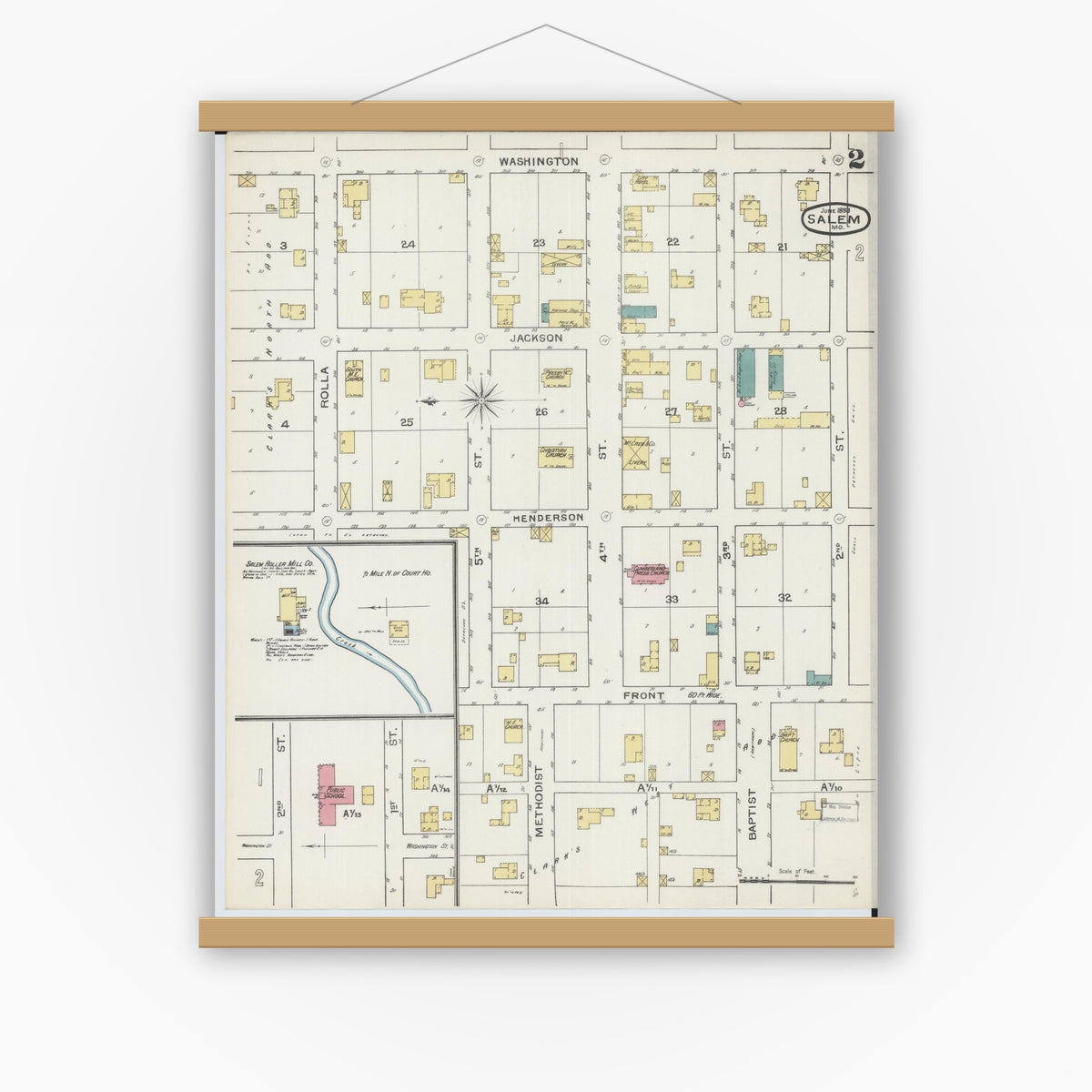 Old map wall art mockup — magnetic wood frame on white wall — Sanborn Fire Insurance Map from Salem, Dent County, Missouri (1893), Sheet #0002