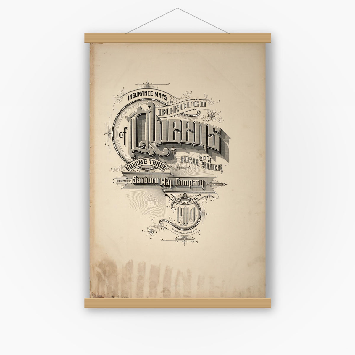 Old map wall art mockup — magnetic wood frame on white wall — Sanborn Fire Insurance Map from Queens, Queens County, New York (1914), Sheet #0001