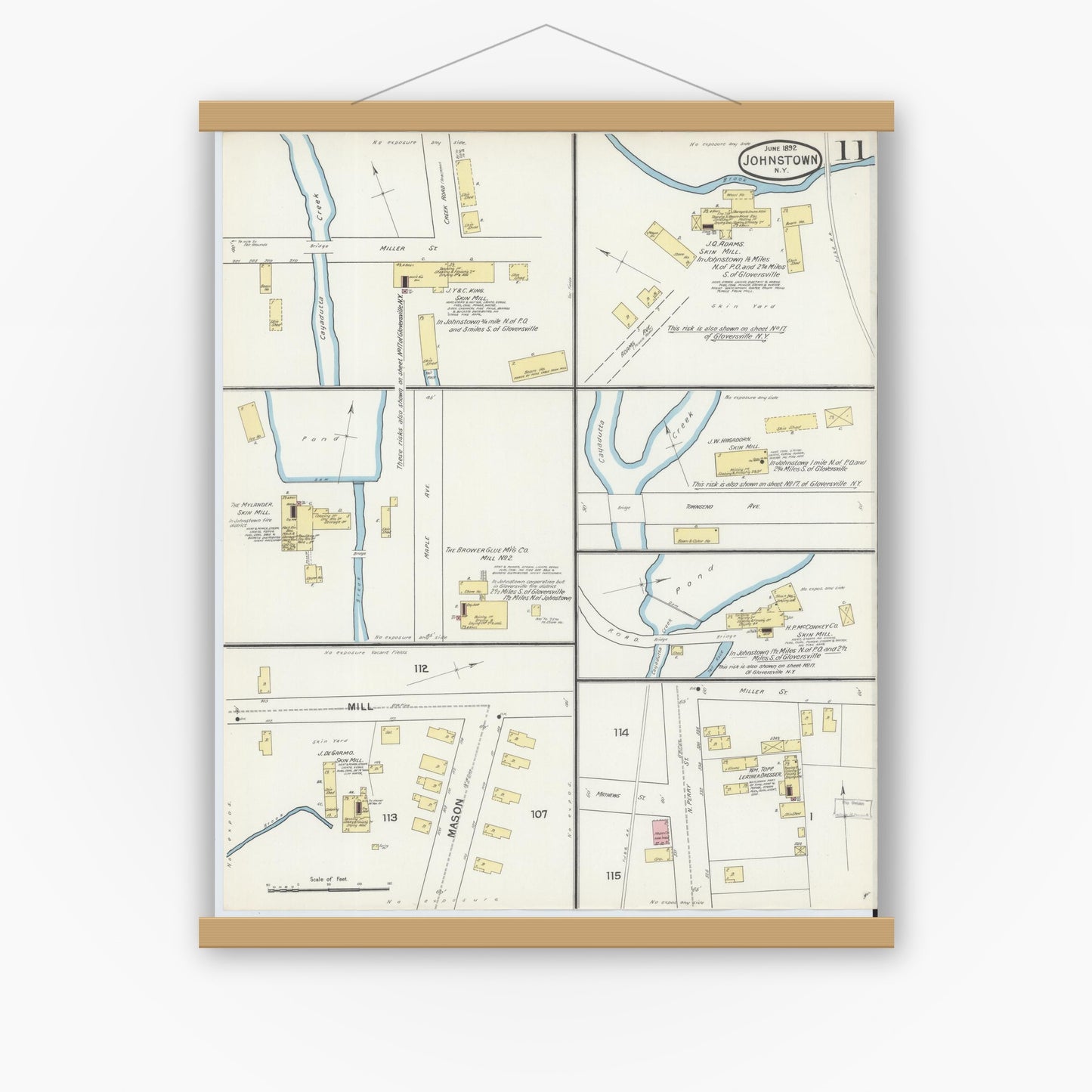 Old map wall art mockup — magnetic wood frame on white wall — Sanborn Fire Insurance Map from Johnstown, Fulton County, New York (1892), Sheet #0011