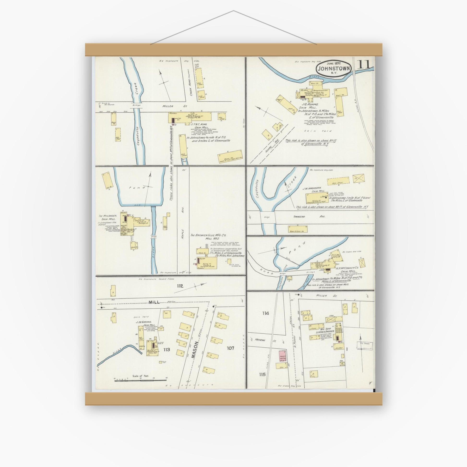 Old map wall art mockup — magnetic wood frame on white wall — Sanborn Fire Insurance Map from Johnstown, Fulton County, New York (1892), Sheet #0011