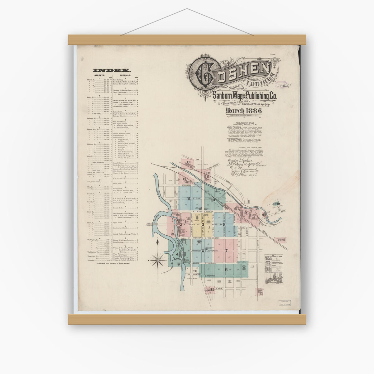 Old map wall art mockup — magnetic wood frame on white wall — Sanborn Fire Insurance Map from Goshen, Elkhart County, Indiana (1886), Sheet #0001