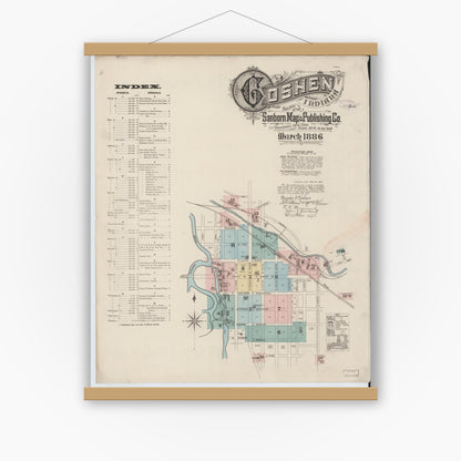 Old map wall art mockup — magnetic wood frame on white wall — Sanborn Fire Insurance Map from Goshen, Elkhart County, Indiana (1886), Sheet #0001