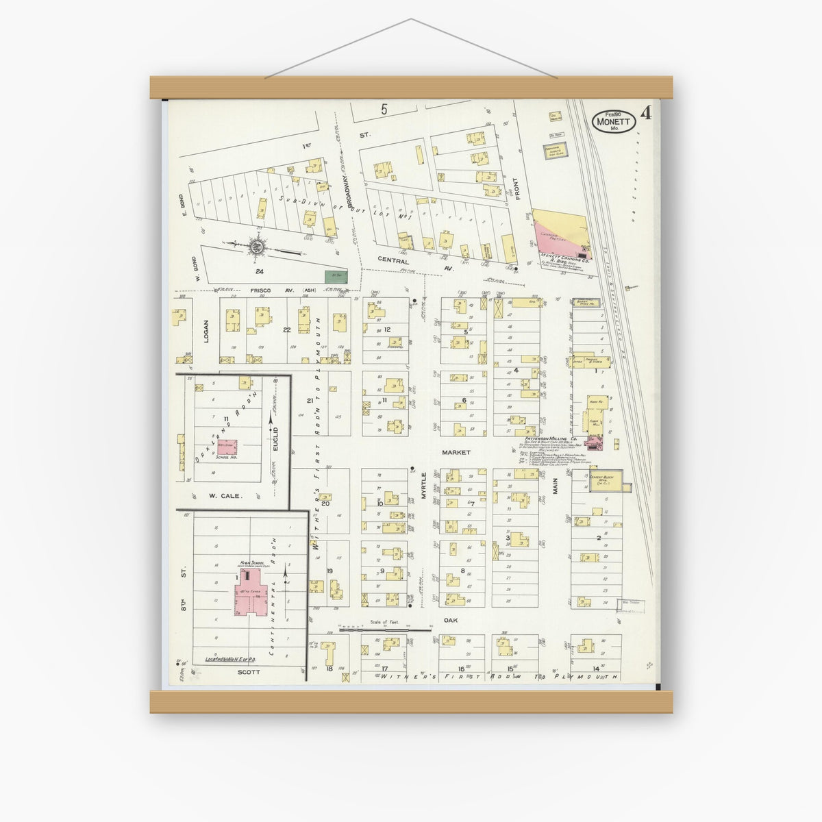 Old map wall art mockup — magnetic wood frame on white wall — Sanborn Fire Insurance Map from Monett, Barry County, Missouri (1910), Sheet #0004