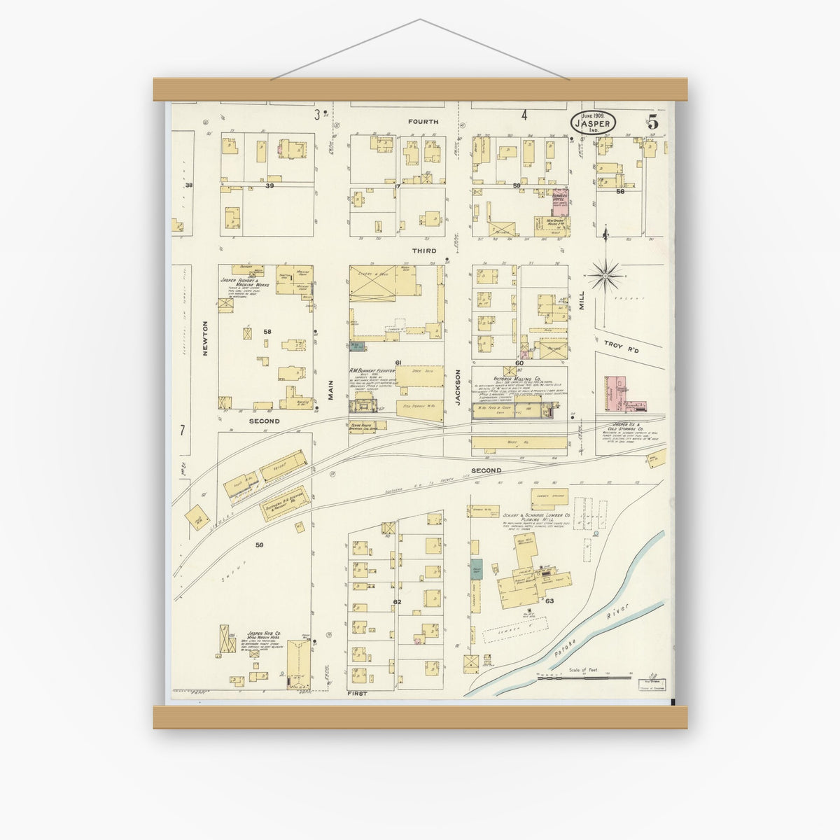 Old map wall art mockup — magnetic wood frame on white wall — Sanborn Fire Insurance Map from Jasper, Dubois County, Indiana (1909), Sheet #0005
