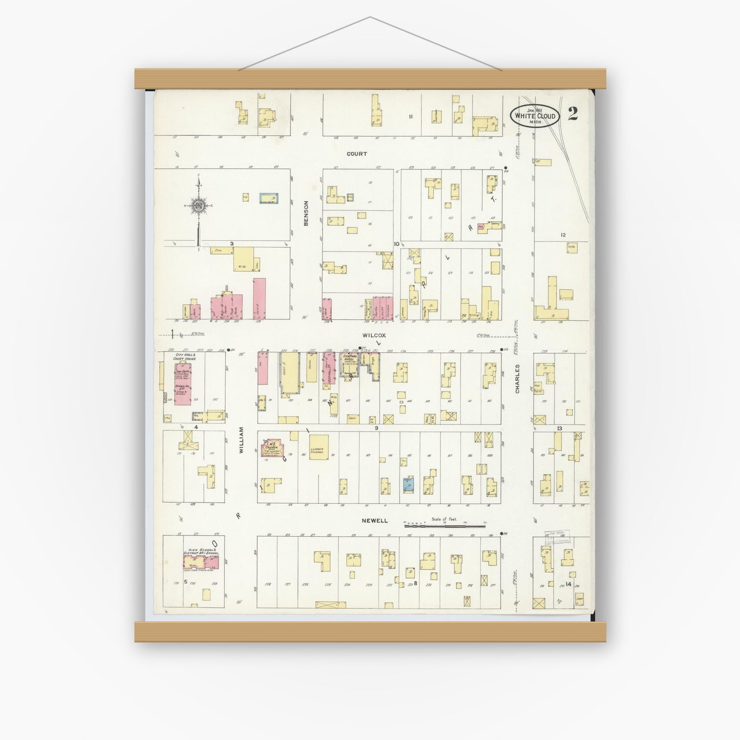 Old map wall art mockup — magnetic wood frame on white wall — Sanborn Fire Insurance Map from White Cloud, Newaygo County, Michigan (1911), Sheet #0002