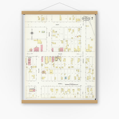 Old map wall art mockup — magnetic wood frame on white wall — Sanborn Fire Insurance Map from White Cloud, Newaygo County, Michigan (1911), Sheet #0002