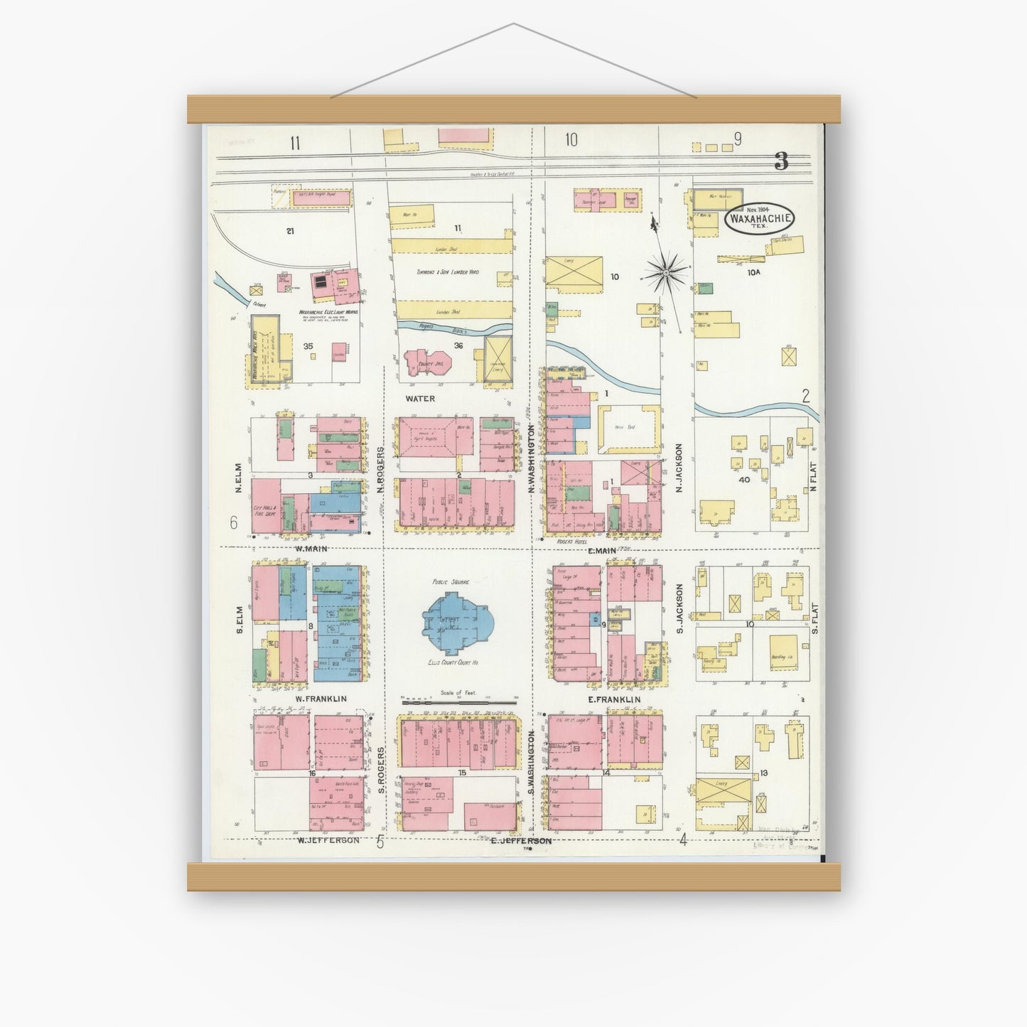 Old map wall art mockup — magnetic wood frame on white wall — Sanborn Fire Insurance Map from Waxahachie, Ellis County, Texas (1904), Sheet #0003