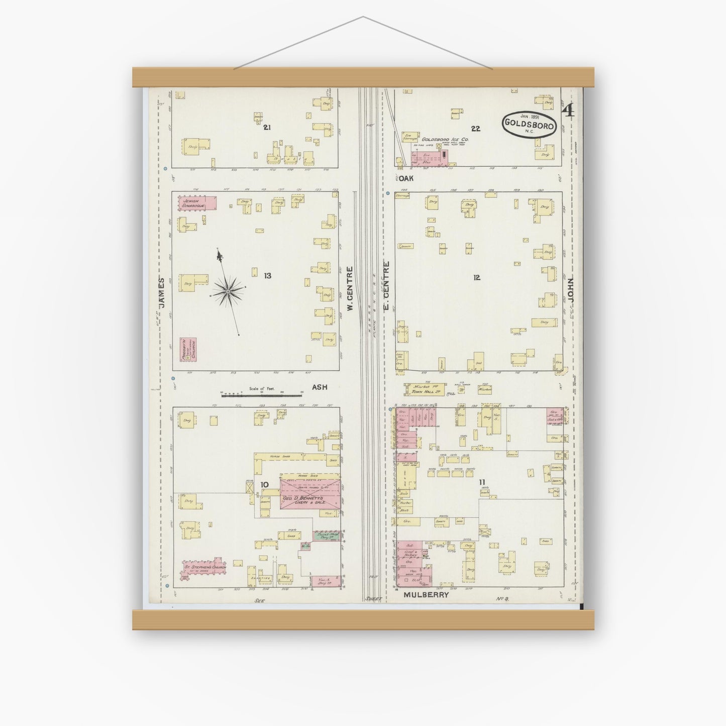 Old map wall art mockup — magnetic wood frame on white wall — Sanborn Fire Insurance Map from Goldsboro, Wayne County, North Carolina (1891), Sheet #0004