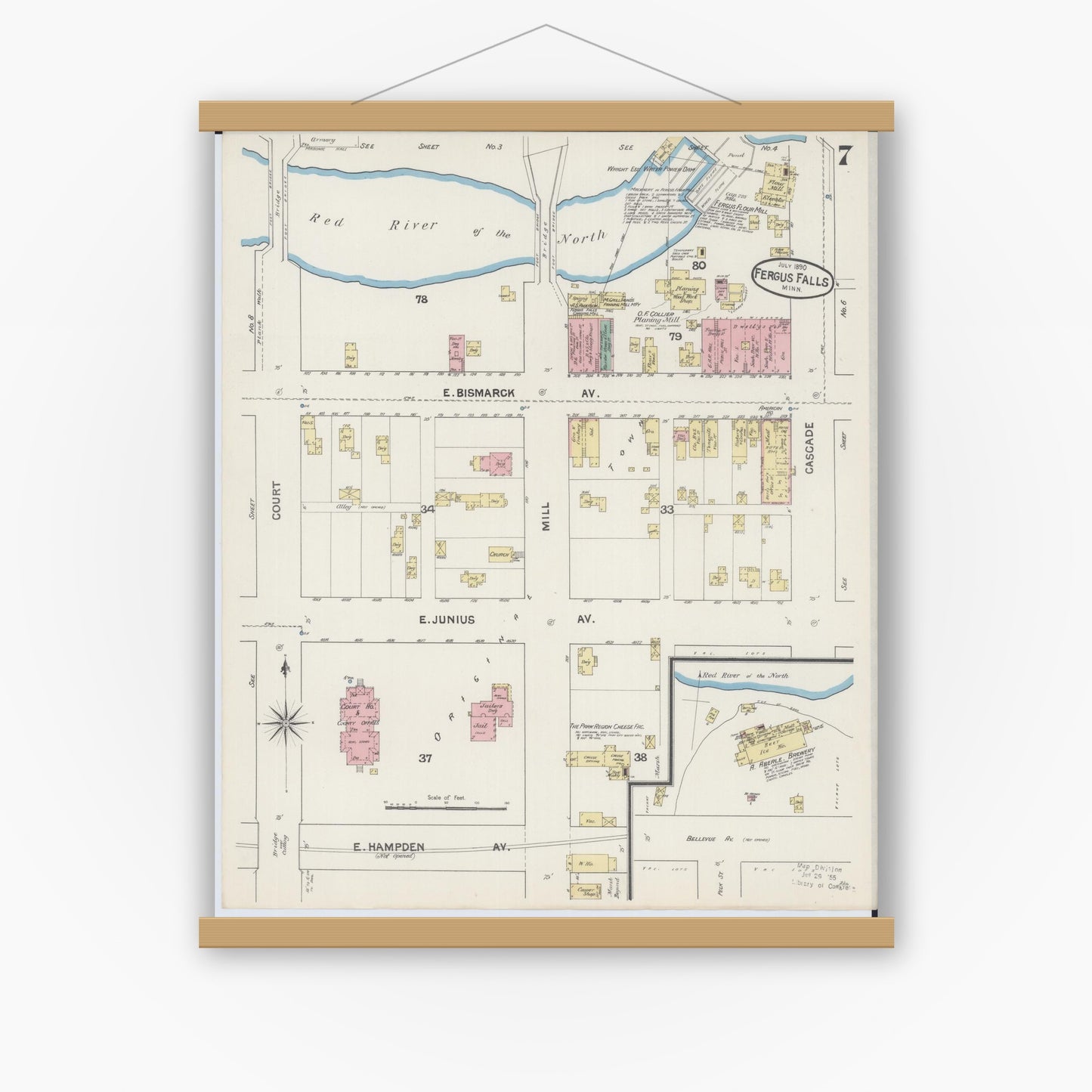 Old map wall art mockup — magnetic wood frame on white wall — Sanborn Fire Insurance Map from Fergus Falls, Otter Tail County, Minnesota (1890), Sheet #0007