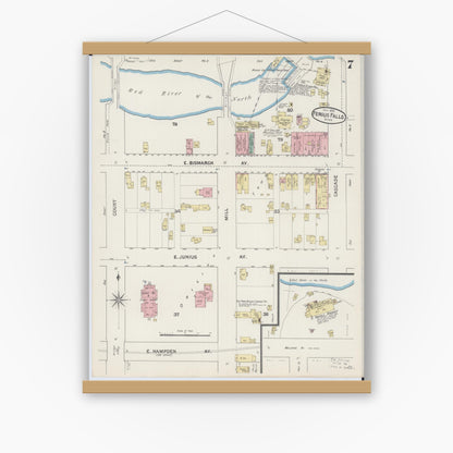 Old map wall art mockup — magnetic wood frame on white wall — Sanborn Fire Insurance Map from Fergus Falls, Otter Tail County, Minnesota (1890), Sheet #0007