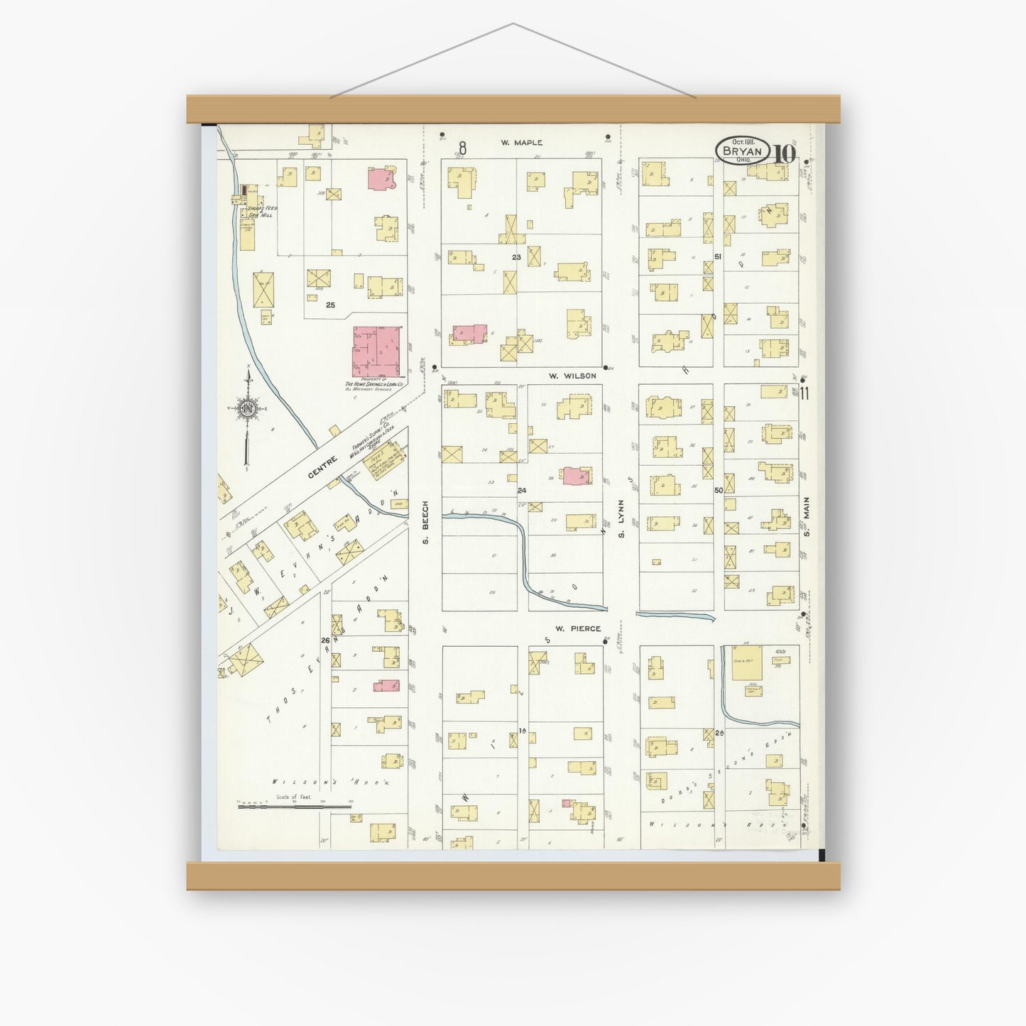 Old map wall art mockup — magnetic wood frame on white wall — Sanborn Fire Insurance Map from Bryan, Williams County, Ohio (1911), Sheet #0010