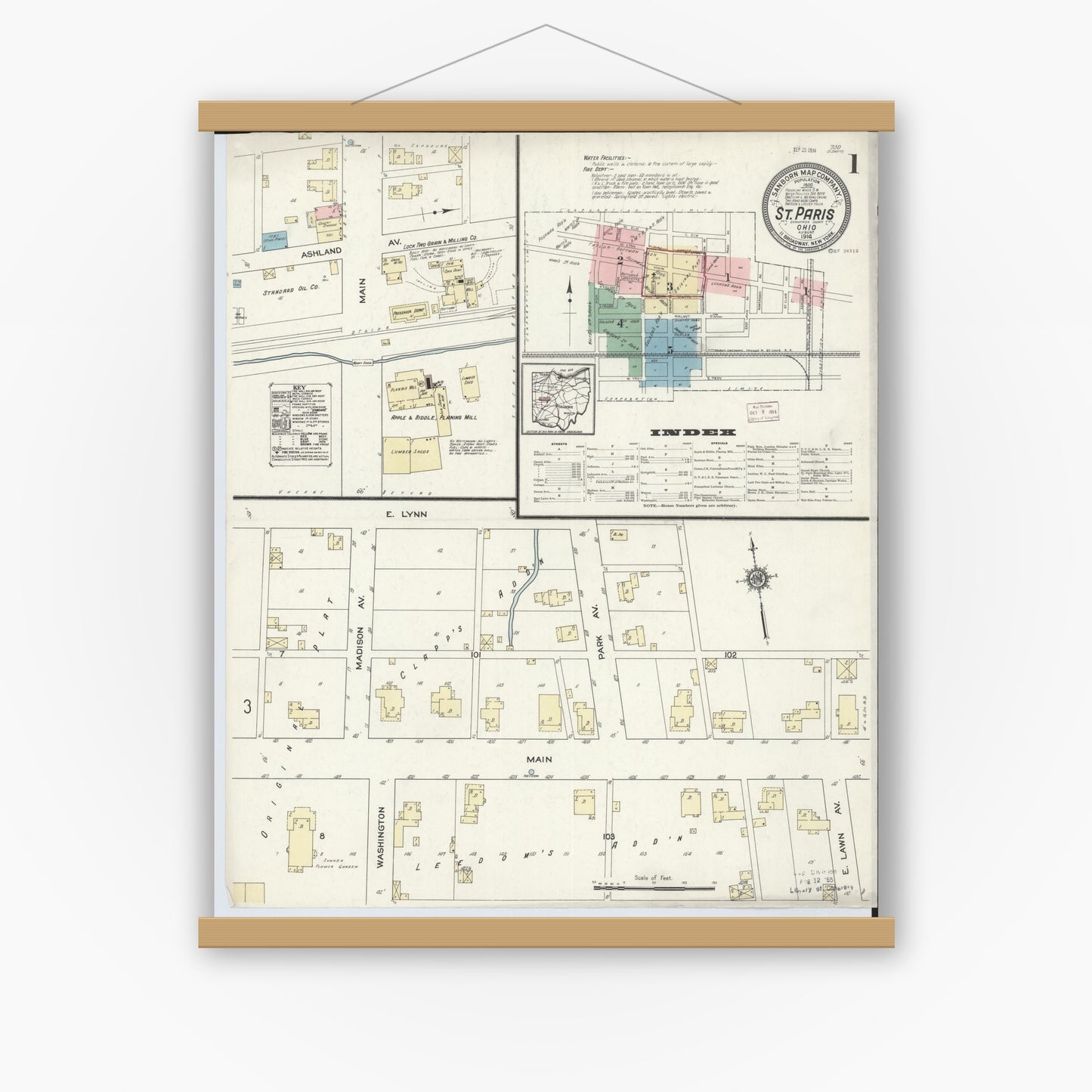 Old map wall art mockup — magnetic wood frame on white wall — Sanborn Fire Insurance Map from Saint Paris, Champaign County, Ohio (1914) - Complete Map Set