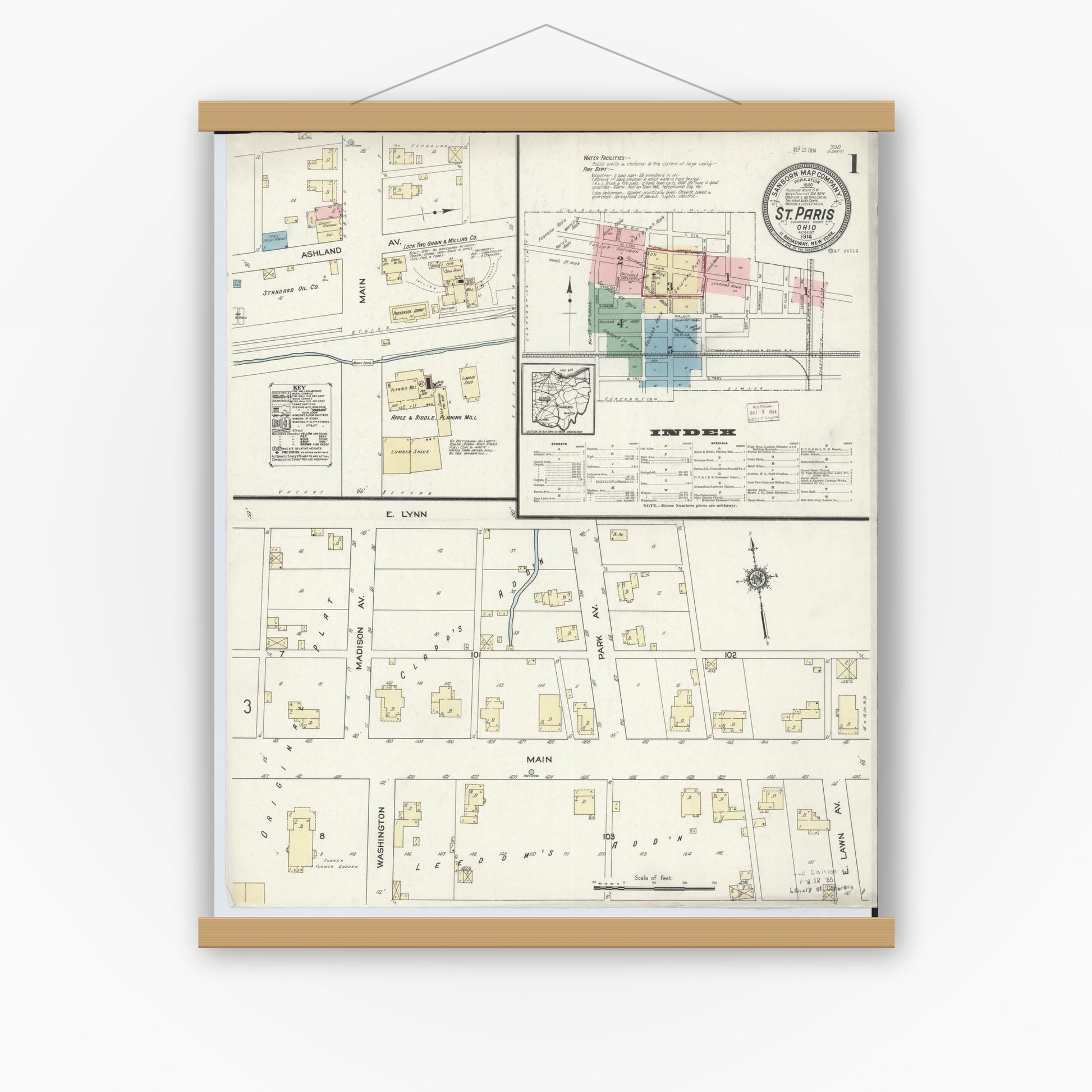 Old map wall art mockup — magnetic wood frame on white wall — Sanborn Fire Insurance Map from Saint Paris, Champaign County, Ohio (1914) - Complete Map Set