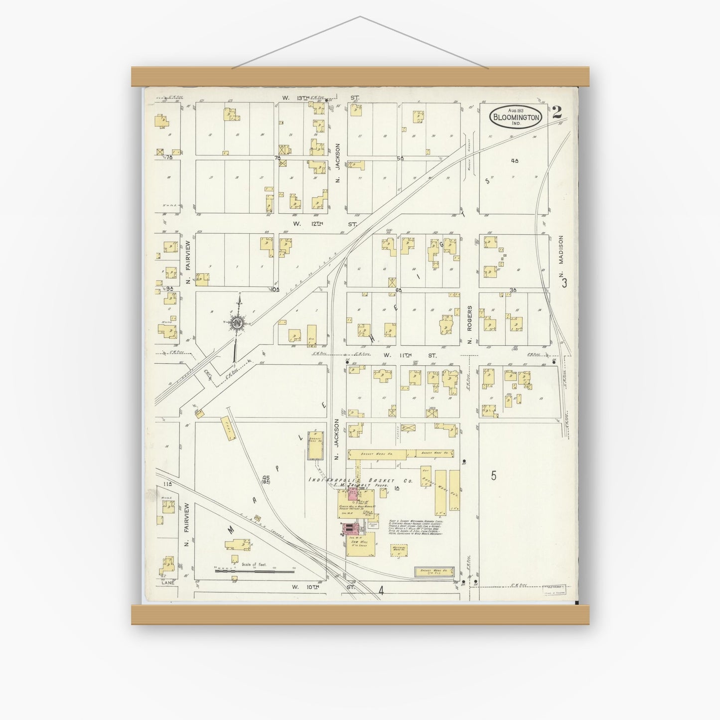Old map wall art mockup — magnetic wood frame on white wall — Sanborn Fire Insurance Map from Bloomington, Monroe County, Indiana (1913), Sheet #0002