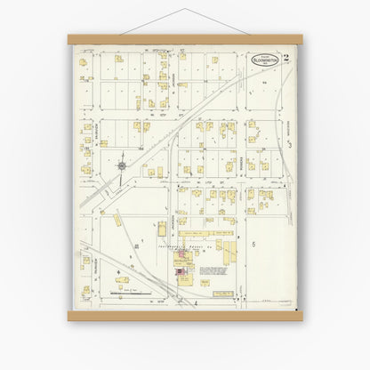 Old map wall art mockup — magnetic wood frame on white wall — Sanborn Fire Insurance Map from Bloomington, Monroe County, Indiana (1913), Sheet #0002