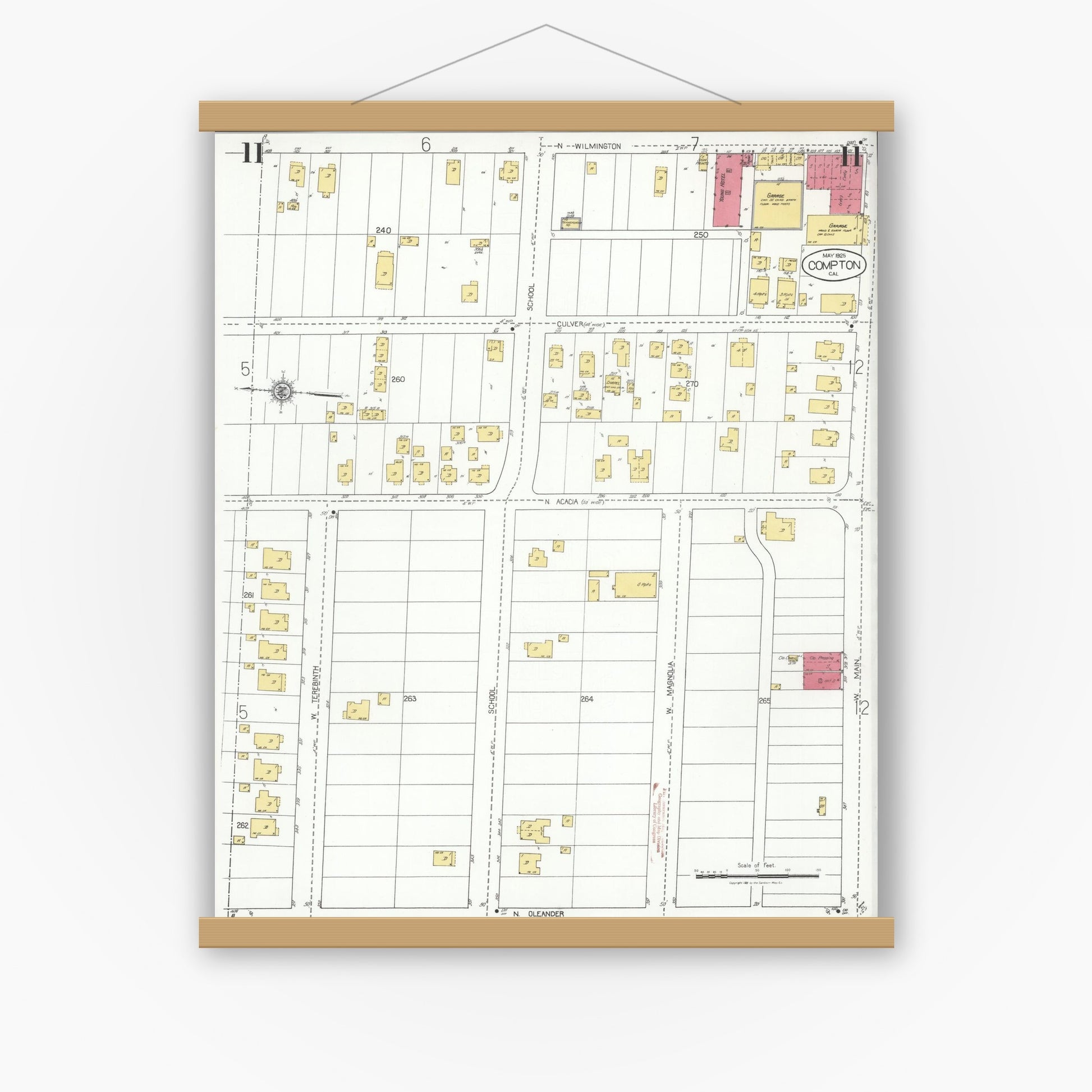 Old map wall art mockup — magnetic wood frame on white wall — Sanborn Fire Insurance Map from Compton, Los Angeles County, California (1925), Sheet #0011