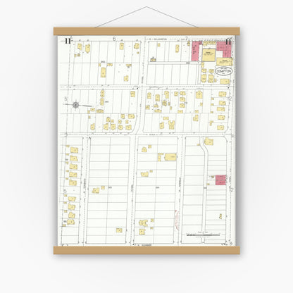 Old map wall art mockup — magnetic wood frame on white wall — Sanborn Fire Insurance Map from Compton, Los Angeles County, California (1925), Sheet #0011
