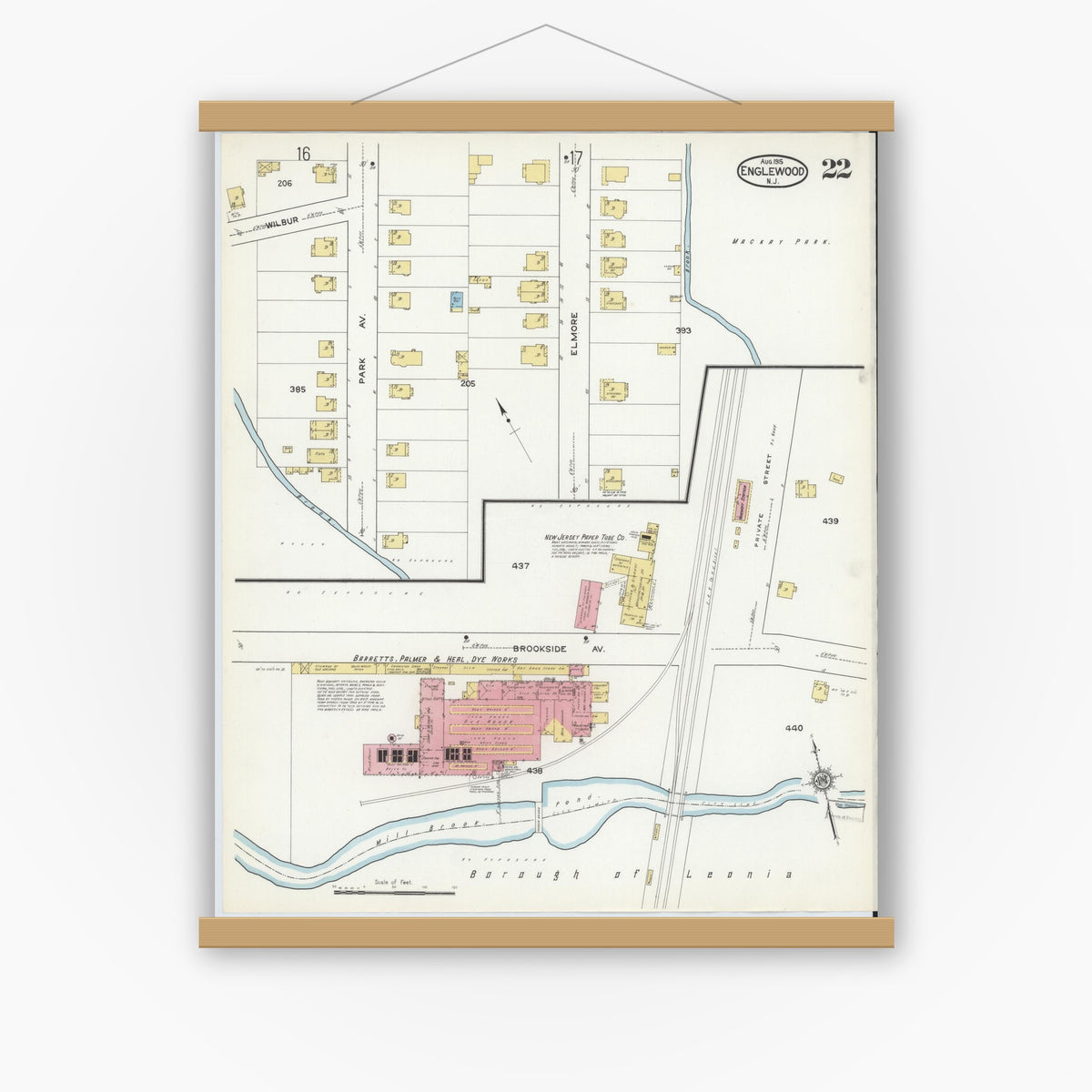 Old map wall art mockup — magnetic wood frame on white wall — Sanborn Fire Insurance Map from Englewood, Bergen County, New Jersey (1915), Sheet #0022