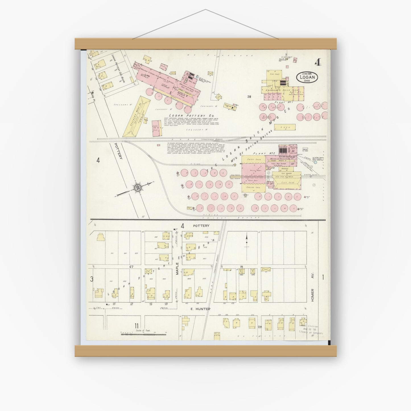 Old map wall art mockup — magnetic wood frame on white wall — Sanborn Fire Insurance Map from Logan, Hocking County, Ohio (1914), Sheet #0004